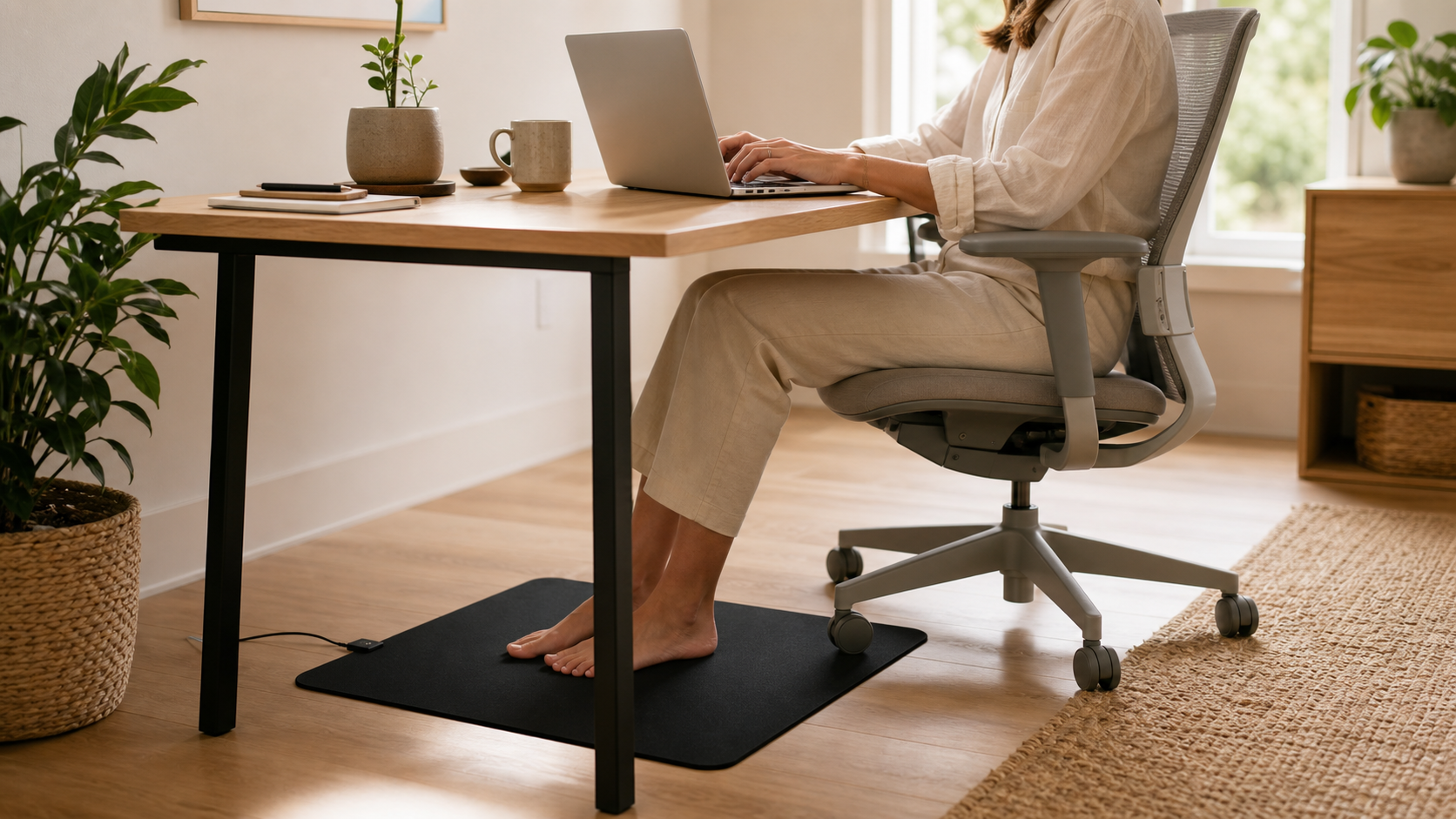 Grounding mat under a desk while working from a bright home office