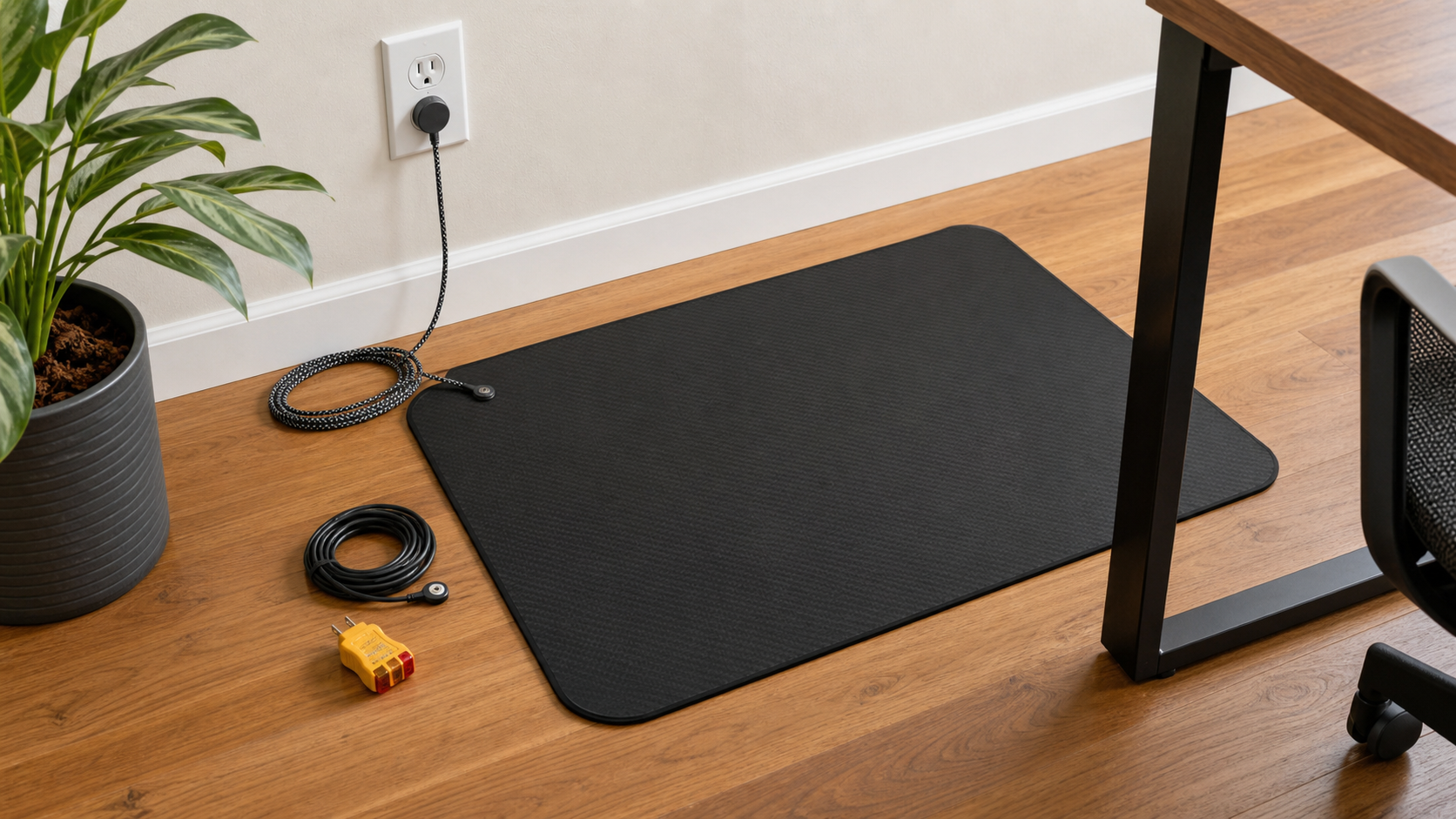 Grounding mat setup with cord, outlet, and tester in a clean home office