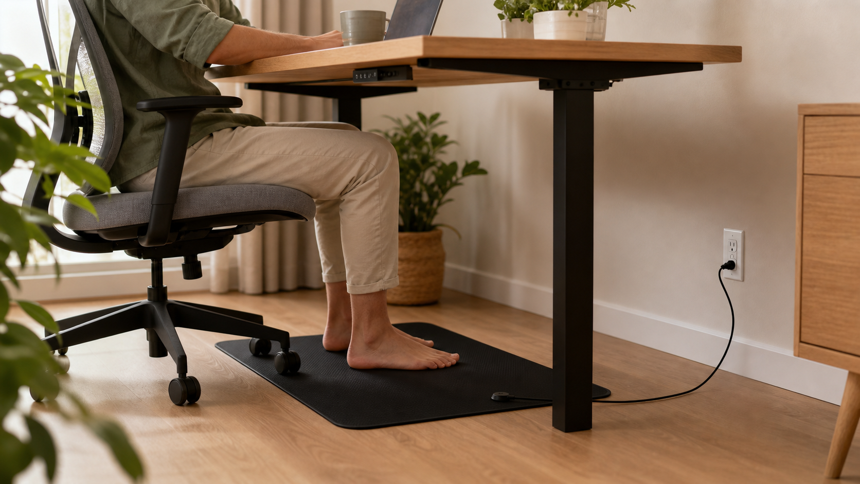 Bare feet resting on the Groundium Grounding Mat connected in a home office.