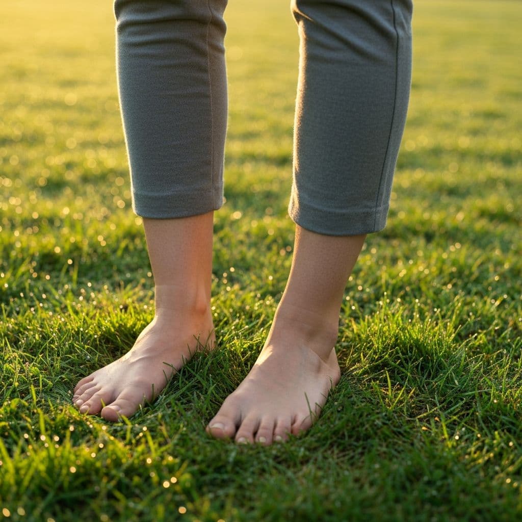 Bare feet on lush green grass, symbolizing the natural grounding connection with the Earth
