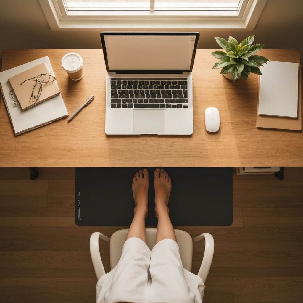 A modern workspace with a grounding mat under the desk for all-day earthing