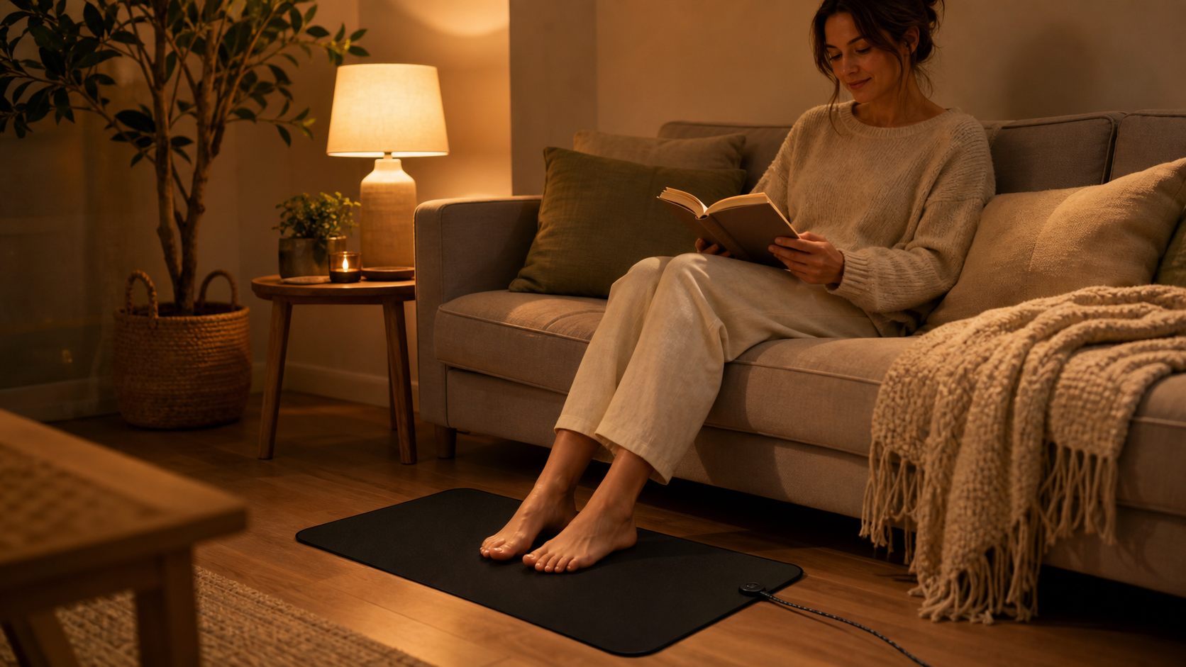 Evening grounding routine with bare feet on a mat while reading on a sofa