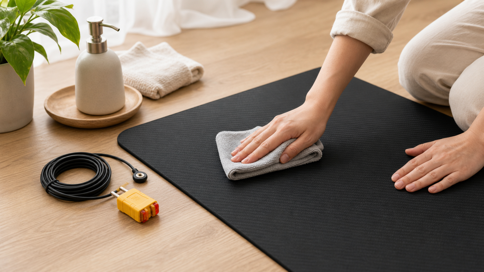 Cleaning a grounding mat with a soft cloth beside cord and outlet tester