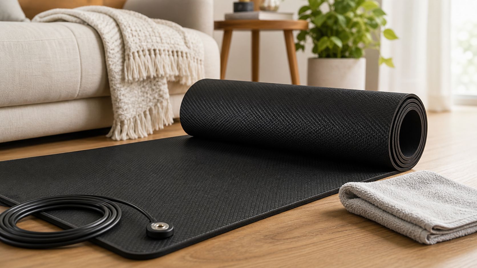 Groundium Grounding Mat texture with cord and cleaning cloth in a living room.